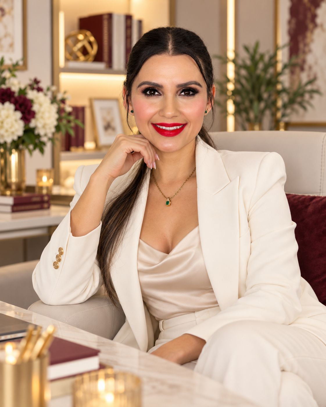 Carolina Frieri sentada, con traje blanco